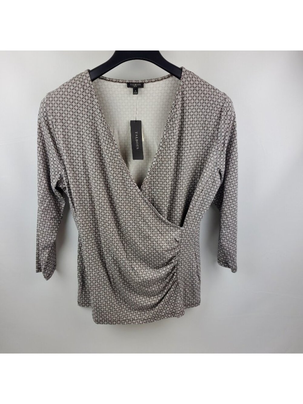 Talbots Top Womens X Tunic Side Wrap 3/4 Sleeve V-Neck Pullover Brown White NWT